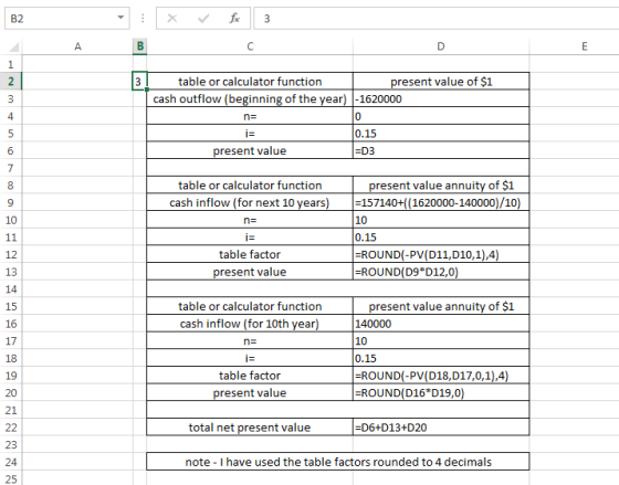 X for 3 3 table or calculator function present value of $1 cash outflow (beginning of the year) -1620000 n= 0.15 present valu