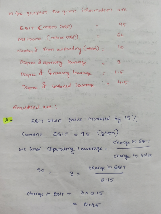 in the question the giron information 95 EBIT ( million GBP) 64 Med income (minion GBP) lo 3 00 Number of share outstand Shor