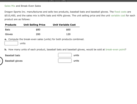 Sales Mix and Break-Even Sales Dragon Sports Inc. manufactures and sells two products, baseball bats and baseball gloves. The