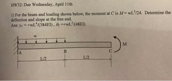 HW32: Due Wednesday, April 11th ) For the beam and loading shown below, the moment at Cis M- wI224. Determine the deflection and slope at the free end. 1A L/2