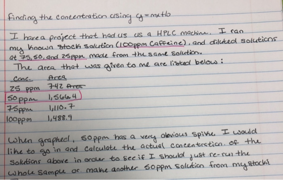 finding the concentration using y=mx tlə I have a project that had us us a HPLC machine. Iran my known stock Solution (looppm