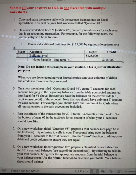 Submit all your answers to D2L in one Excel file with multiple worksheets. 1. Copy and paste the above table with the account