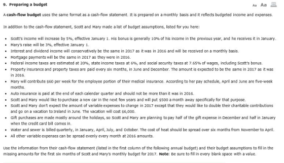 9. Preparing a budget A cash-flow budget uses the same format as a cash-flow statement. It is prepared on a monthly basis and it reflects budgeted income and expenses. In addition to the cash-flow statement, Soott and Mary made a list of budget assumptions, listed for you here: . scotts income will increase by 5%, effective January 1 His bonus is generally 10% of his income in the previous year, and he recerves it in January. Marys raise will be 3%, effective January 1 Interest and dividend income will conservatively be the same in 2017 as it was in 2016 and will be received on a monthly basis. Mortgage payments will be the same in 2017 as they were in 2016. Federal income taxes are estimated at 20%, state income taxes at 6%, and social security taxes at 7.65% of wages, including Scotts bonus. Property insurance and property taxes are paid every six months, in June and December. The amount is expected to be the same in 2017 as it was in 2016. Mary will contribute $60 per week for the employee portion of their medical insurance. According to her pay schedule, April and June are five-week months. Auto insurance is paid at the end of each calendar quarter and should not be more than it was in 2016. Scott and Mary would like to purchase a new car in the next few years and will put $500 a month away specifically for that purpose. . . Scott and Mary dont expect the amount of variable expenses to change in 2017 except that they would like to double their charitable contributions and go on a vacation to Ireland in June. The vacation will cost $6,000. Gift purchases are made mostly around the holidays, so Scott and Mary are planning to pay half of the gift expense in December and half in January when the credit card bill comes in. Water and sewer is billed quarterly, in January, April, July, and october. The cost of heat should be spread over six months from November to April. All other variable expenses can be spread evenly every month at 2016 amounts. Use the information from their cash-flow statement (listed in the first column of the following annual budget) and their budget assumptions to fill in the missing amounts for the first six months of Scott and Marys monthly budget for 2017. Note: Be sure to fill in every blank space with a value.
