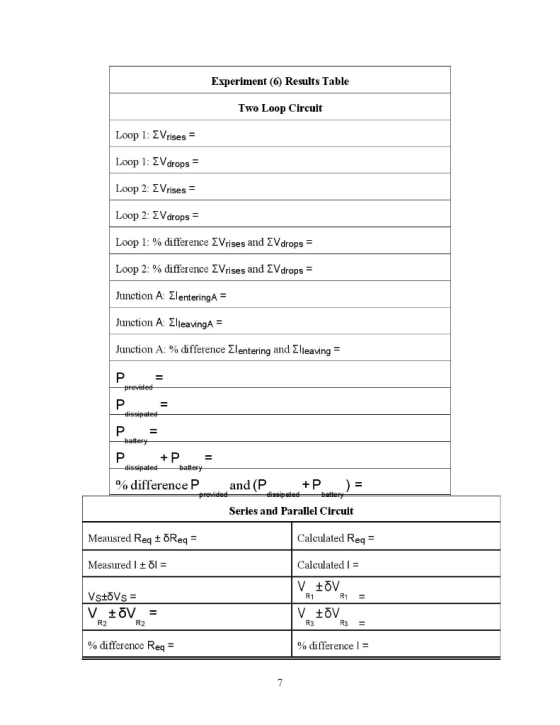 Experiment 6 Results Table Two Loop Circuit Loop 1: Vrises = Loop 1: V drops = Loop 2: Vrises = Loop 2: V drops = Loop 1: % d