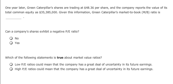 One year later, Green Caterpillars shares are trading at $48.36 per share, and the company reports the value of its total common equity as $35,385,000. Given this information, Green Caterpillars market-to-book (M/B) ratio is Can a companys shares exhibit a negative P/E ratio? O No O Yes Which of the following statements is true about market value ratios? O Low P/E ratios could mean that the company has a great deal of uncertainty in its future earnings. O High P/E ratios could mean that the company has a great deal of uncertainty in its future earnings.