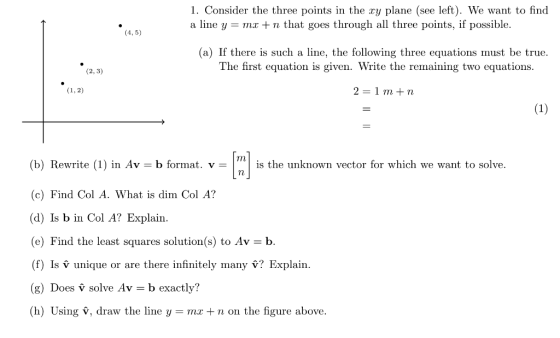 1. Consider the three points in the zy plane (see left). We want to find a line y = mx +n that goes through all three points,