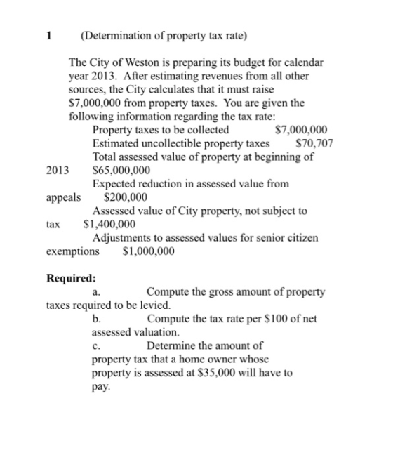 (Determination of property tax rate) The City of Weston is preparing its budget for calendar year 2013. After estimating reve
