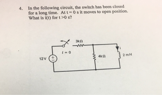 In the following circuit, the switch has been closed for a long time. At t- o s it moves to open position. What is i(t) for t