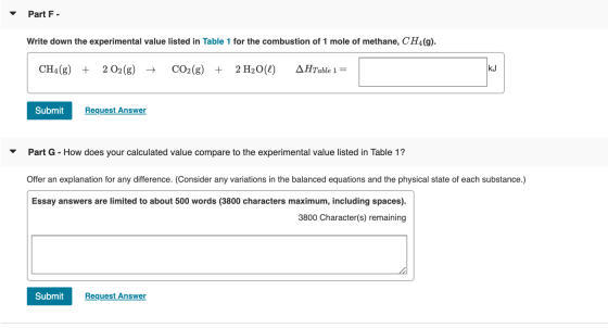 Part F- Write down the experimental value listed in Table 1 for the combustion of 1 mole of methane, CH4g). CH4(g) + 2O2(g) +