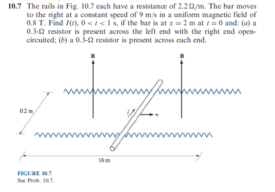 10.7 The rails in Fig. 10.7 each have a resistance of 2.2 S2/m. The bar moves to the night at a constant speed of 9 m/s in a uniform magnetic field of 0.8 T. Find I(t), 0 < t < 1 s, if the bar is at x 2 m at t = 0 and: (a) a 03-Ω resistor is present across the left end with the right end open- circuited; (b) a 0.3-2 resistor is present across each end. 0.2 m 16 m FIGURE 10.7 See Prob. 10.7