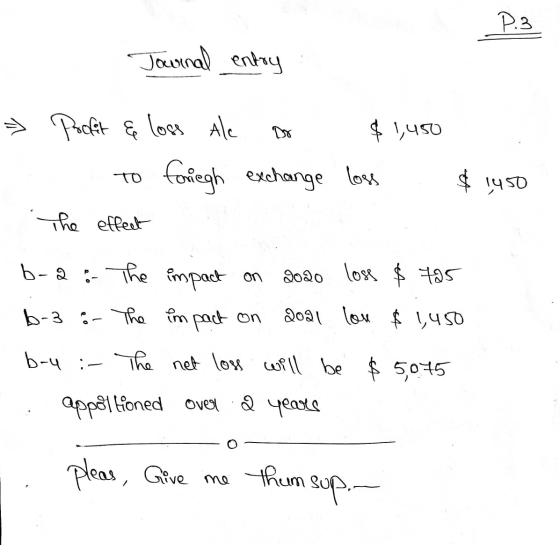 P.3 Journal entry » Profit & Loss Ale $ 1,450 foriegh exchange loss TO $14.50 The effect b-a: The impact on 2020 lose $ 795 b