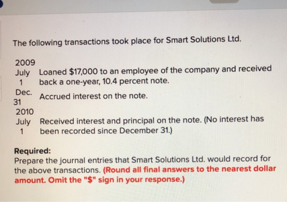 The following transactions took place for Smart Solutions Ltd. 2009 July Loaned $17000 to an employee of the company and rece