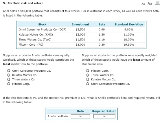 5. Portfolio risk and return Aa Aa Ariel holds a $10,000 portfolio that consists of four stocks. Her investment in each stock