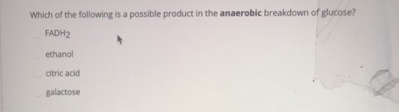 Which of the following is a possible product in the anaerobic breakdown of glucose? FADH2 ethanol citric acid galactose