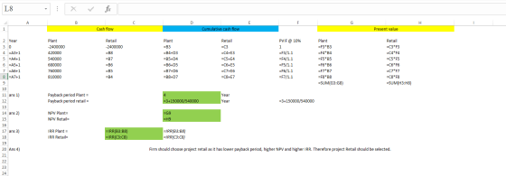 L8 : x ✓ fic A 1 Cash flow Cumulative cash flow Present value PVIF @ 10% 2 Year 3 0 4 =A3+1 5 =A4+1 6 =A5+1 7 =A6+1 8 =A7+1 P