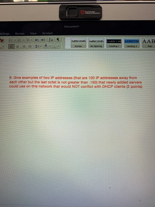 Documenti View Mailings Review A DEE . Acrobat . 1 AaBbcende albedde UABCD AABBOCDE AAB 14. Give examples of two IP addresses