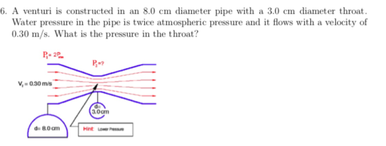 6. A venturi is constructed in an 8.0 cm diameter pipe with a 3.0 cm diameter throat. Water pressure in the pipe is twice atmospheric pressure and it flows with a velocity of 0.30 m/s. What is the pressure in the throat? P-2 3.0cm d 8.0cm