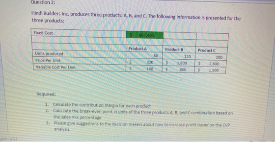 Question 2: Hindi Builders Inc. produces three products: A, B, and C. The following information is presented for the three pr