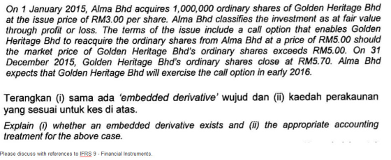 On 1 January 2015, Alma Bhd acquires 1,000,000 ordinary shares of Golden Heritage Bhd at the issue price of RM3.00 per share.
