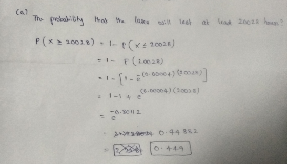 The probability that the laser will last at lead 20028 hours? P(x > 20028) - 1-PCX 4 20028) =I- F(20028) =i-fi- (0.00004) (20