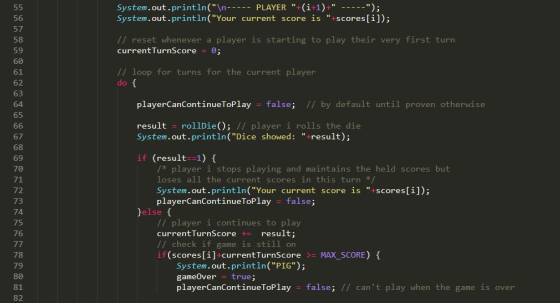 System.out.println(\n----- PLAYER +(i+1)+ -----); System.out.println(Your current score is +scores[i]); // reset whenev
