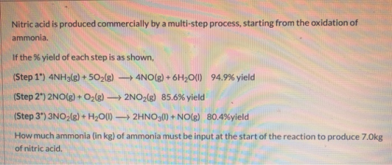 Nitric acid is produced commercially by a multi-step process, starting from the oxidation of ammonia. If the % yield of each