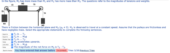 In the figure, M2 has more mass than M1 and M1 has more mass than M3. The questions refer to the magnitudes of tensions and weights M2 12 T3 T1 T4 MI M3 There is friction between the horizontal plane and M2 (μk 0). M2 is observed to travel at a constant speed. Assume that the pulleys are frictionless and have negligible mass. Select the appropriate statements to complete the following sentences Equal to T2 is T Equal toT4 isM39 Greater than T3 s Tz FalseM3 accelerates upwards Less thanT1 is M19 FalseThe magnitude of the net force on M2 is T2 T Submit Answer You have entered that answer before Incorrect. Tries 3/20 Previous Tries