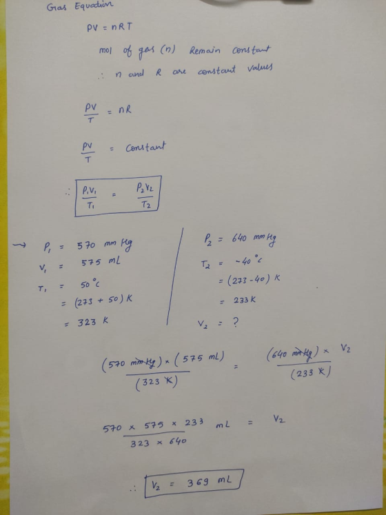Gas Equation PV = nRT mol of gas (6) Remain constant n and R are constant values PV = nR A = constant ~ P, = 570 mm seg v = 5