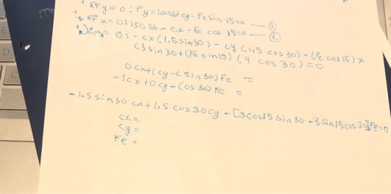 + Efy=oity=2000bt cy-Fesin 1520 - 0 DEF xsolso Obcxinte cos 1500 - 2 DEMAS oi-cx (1.5 sin 30-cyclus cos 30)-(F cos 157 x (3 s