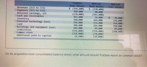 TruData Webstat Book Values Webstat Fair Values Book Values $ (256,800) 198,e00 (138,000) 152,000 Revenues (1/1 to 7/1) Expen
