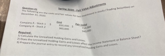Spring 2020 - Fair Val Question 1 The following are the costs and fair values for two inve December 31, 2020. Fair Value Adju