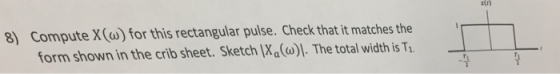 rtr) 8) Compute X(a) for this rectangular pulise. Check that it matches the form shown in the crib sheet. Sketch Xa)]. The to