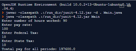 Open JDK Runtime Environment (build 10.0.2+13-Ubuntu-lubuntu 0.1A .04.4) > javac -classpath .:/run dir/junit-4.12.jar -d. Mai