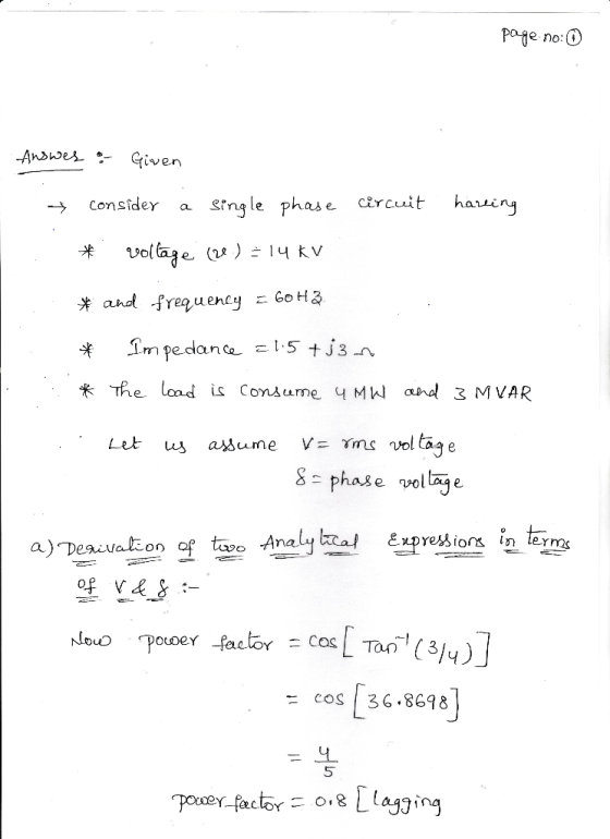 poge no:O consider a Single phase crcithairg The load is Comsume Mhl ana 3 M VAR 8 phase vollage a) Deauuatton ODeY cos i 36