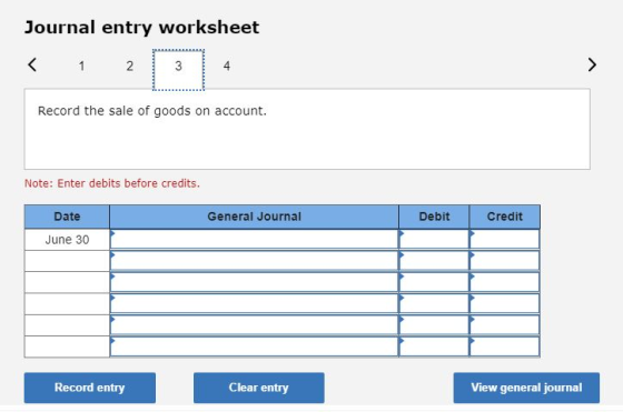 Journal entry worksheet Record the sale of goods on account. Note: Enter debits before credits. General Journal Debit Credit