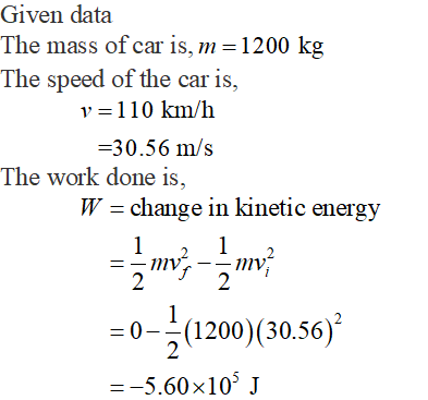Given data The mass of car is, m = 1200 kg The speed of the car is, v=110 km/h =30.56 m/s The work done is, W = change in kin