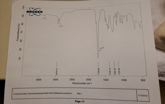 100 BRUKER 90 80 Transmittance [%] 70 60 50 Co 40 2979.72 1706.98 1378.15 1240.54 1123.45 3500 3000 1500 2500 2000 Wavenumber