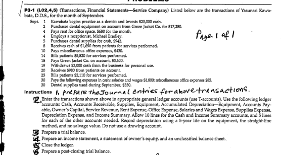 4 Page 1 of 1 14 18 P3.1 (L02,4,5) (Transactions, Financial Statements--Service Company) Listed below are the transactions of