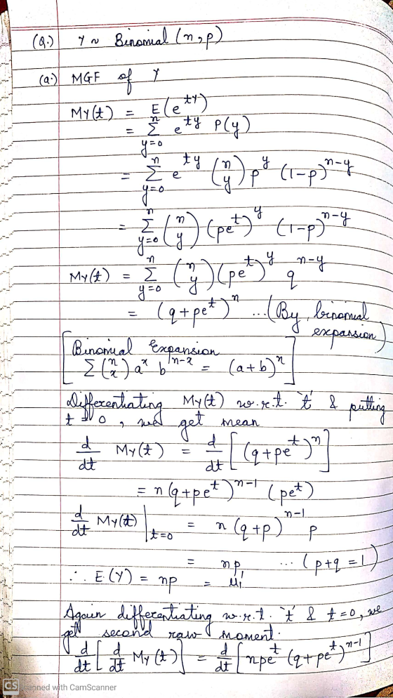 - (Q.) Yo Binomial (nap) (9.) MGF oft Myct) = plety * pansion 22 ty (1) pr (1-pjhy ) (pety (1-p3-4 Mul(A) = 2 ( 3 )(petye q