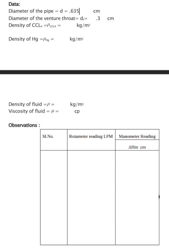 cm Data: Diameter of the pipe = d = .635|| Diameter of the venture throat= d= Density of CCL4 =P CCl4 = kg/m3 3 cm Density of