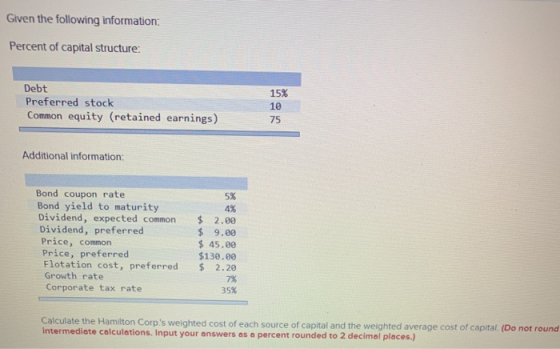 Given the following information: Percent of capital structure: Debt 15% Preferred stock Common equity (retained earnings) 10