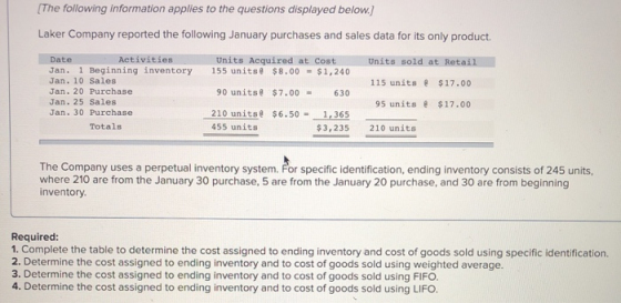 [The following information applies to the questions displayed below. Laker Company reported the following January purchases a