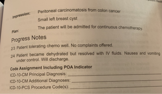 pauerit Healt Peritoneal carcinomatosis from colon cancer Small left breast cyst The patient will be admitted for continuous