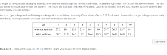 A major oil company has developed a new gasoline additive that is supposed to increase mileage. To test this hypothesis, ten