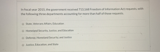 In fiscal year 2015, the government received 713,168 Freedom of Information Act requests, with the following three department