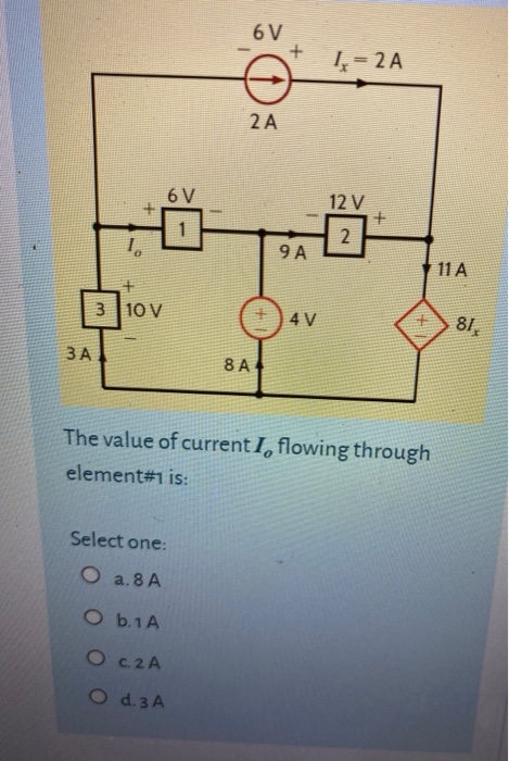 6V + I = 2 A 2A 6 V + 12 V 1 + N 1. 9 A 11 A + 3 110V 4V 81, ЗА 8 A The value of current I, flowing through element#1 is: Sel