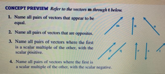 CONCEPT PREVIEW Refer to the vectors m through t below. 1. Name all pairs of vectors that appear to be equal. 2. Name all pai