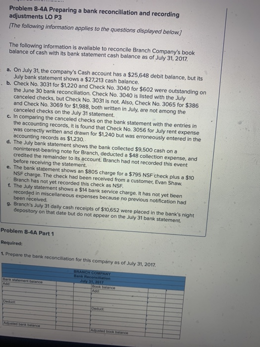 Problem 8-4A Preparing a bank reconciliation and recording adjustments LO P3 [The following information applies to the questi