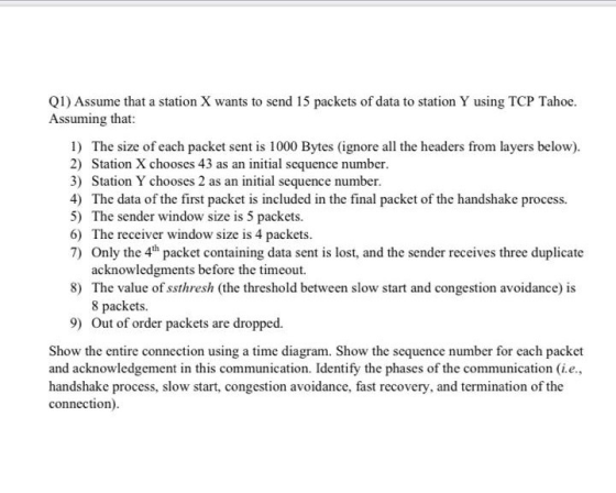 (1) Assume that a station X wants to send 15 packets of data to station Y using TCP Tahoe. Assuming that: 1) The size of each