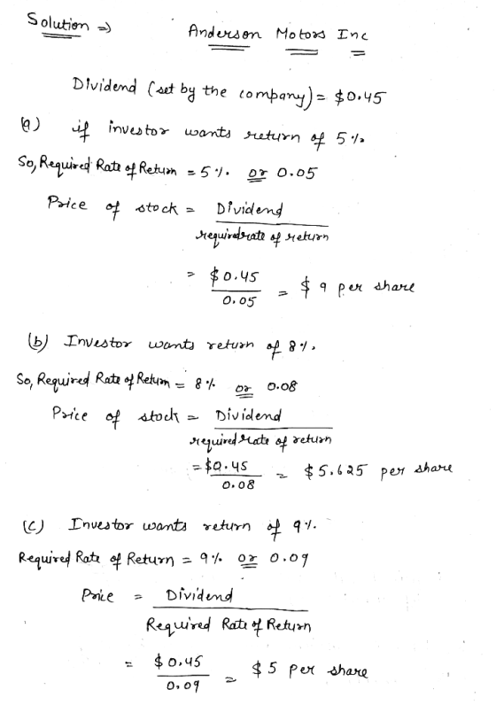 Solution ) . Anderson Motors Inc Dividend (set by the company) - $0.45 a) if investor wants retion of 5% So, Required Rate of